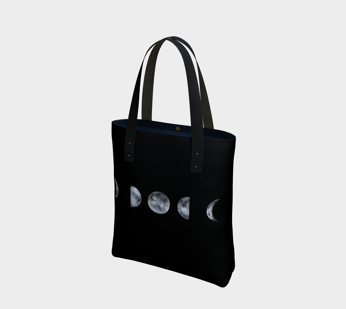 Black and white moon phases print canvas tote with vegan leather straps