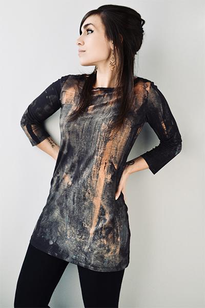 Hazel brown, rust orange and teal long sleeve tunic, 3/4 sleeve boat neck top, abstract print tunic