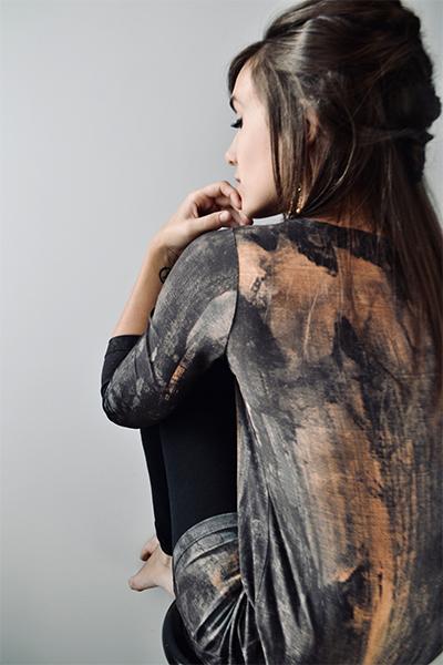 Hazel brown, rust orange and teal long sleeve tunic, 3/4 sleeve boat neck top, abstract print tunic