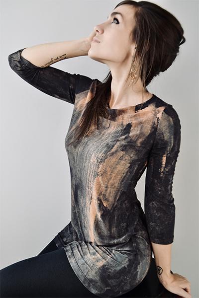 Hazel brown, rust orange and teal long sleeve tunic, 3/4 sleeve boat neck top, abstract print tunic