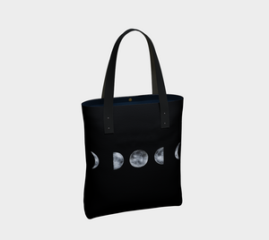 Black and white moon phases print canvas tote with vegan leather straps