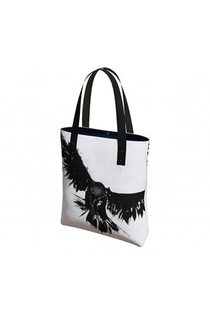 Black and white raven print canvas tote with vegan leather straps