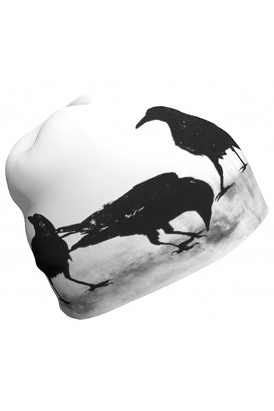 Black and white crow print lightweight beanie hat