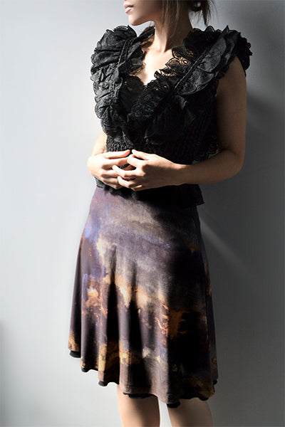 Blue, rust orange and purple abstract print reversible short skirt, little black skirt, above the knee skirt, two layer skirt