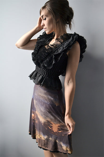 Blue, rust orange and purple abstract print reversible short skirt, little black skirt, above the knee skirt, two layer skirt