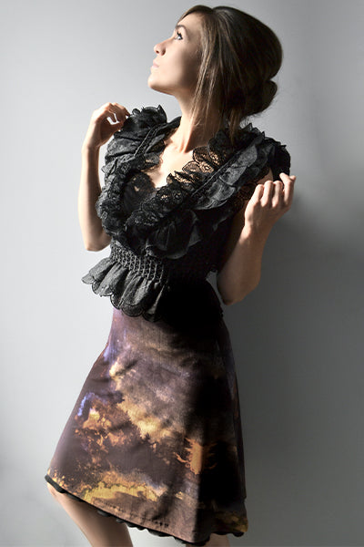 Blue, rust orange and purple abstract print reversible short skirt, little black skirt, above the knee skirt, two layer skirt