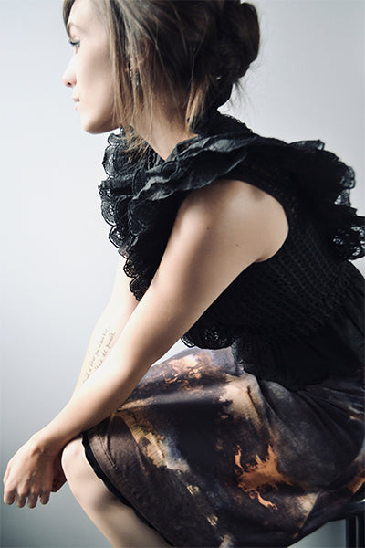 Blue, rust orange and purple abstract print reversible short skirt, little black skirt, above the knee skirt, two layer skirt