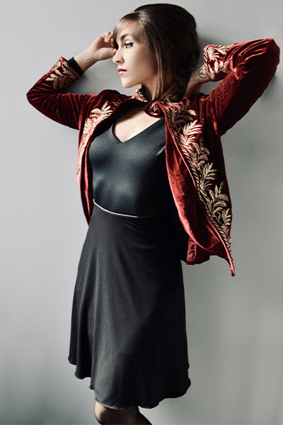 Blue, rust orange and purple abstract print reversible short skirt, little black skirt, above the knee skirt, two layer skirt