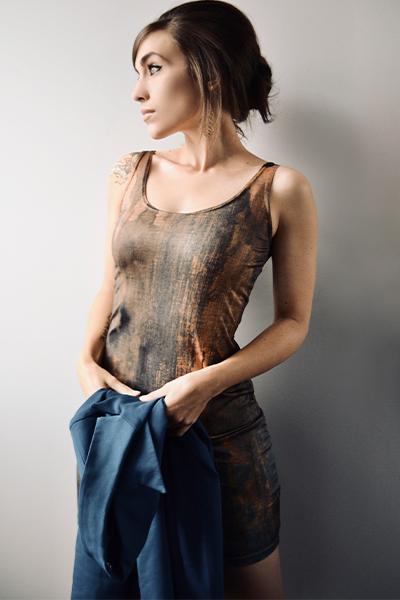 Hazel brown, rust orange and teal sleeveless bodycon pencil dress, above the knee dress, abstract print dress