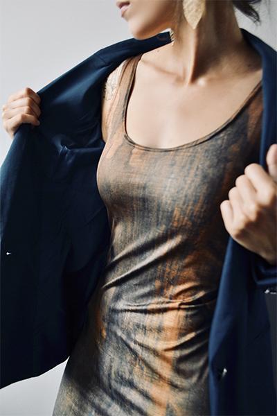 Hazel brown, rust orange and teal sleeveless bodycon pencil dress, above the knee dress, abstract print dress