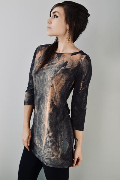 Hazel brown, rust orange and teal long sleeve tunic, 3/4 sleeve boat neck top, abstract print tunic