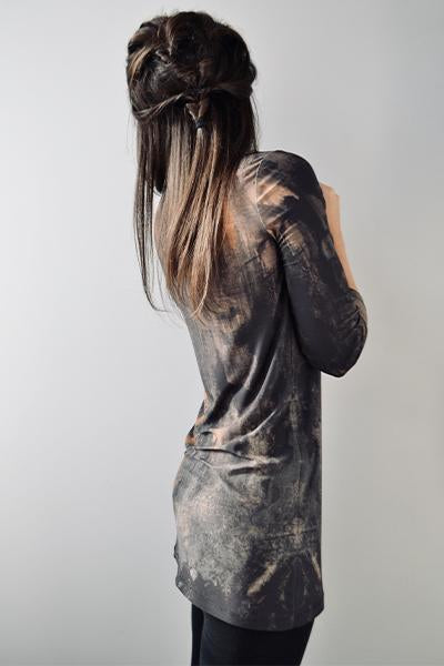 Hazel brown, rust orange and teal long sleeve tunic, 3/4 sleeve boat neck top, abstract print tunic